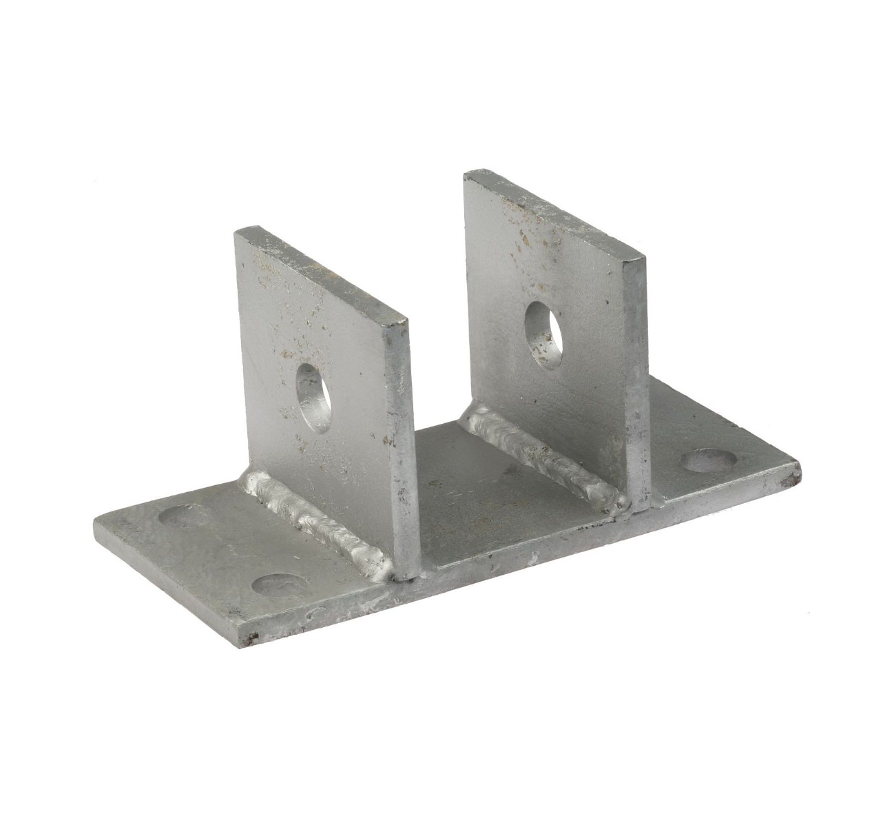 Narrow hot-dip galvanised tube wall support featuring a rectangular base with four mounting holes and two vertical plates.