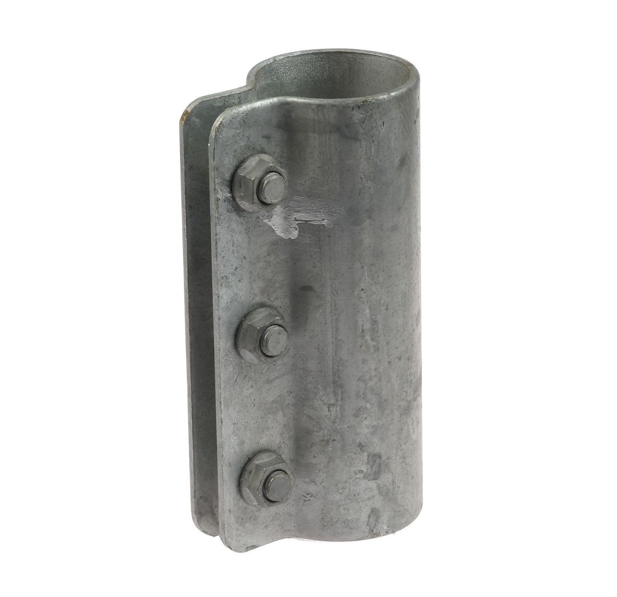 A one-part hot-dip galvanized steel pipe connecting clamp featuring three vertical bolts for secure fastening on a white background.