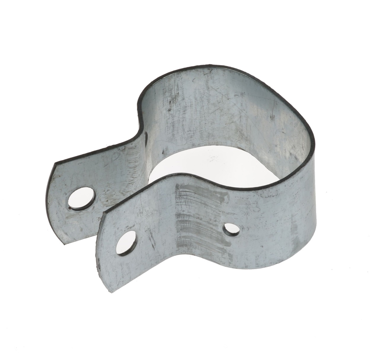 A galvanized oval-shaped metal brace bracket with two flat ends featuring pre-drilled holes for secure mounting on surfaces.