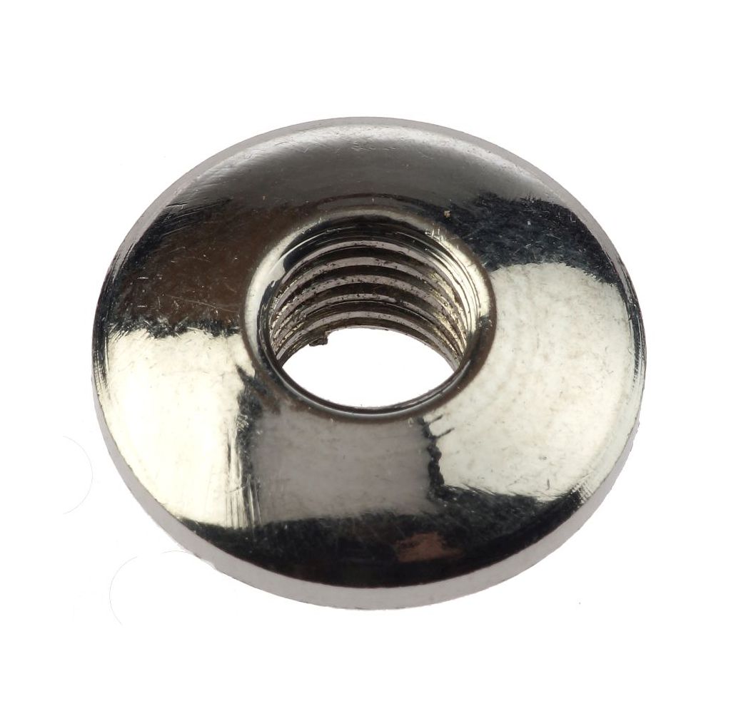 A circular, polished stainless steel nut with visible internal threads, reflecting light against a plain white background.