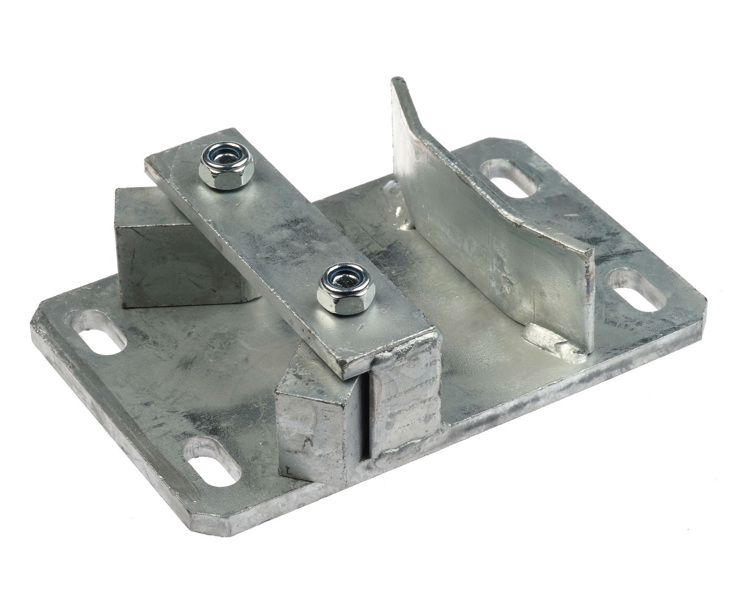 Heavy-duty hot-dip galvanized Quick Lock metal bracket with a rectangular base plate, four mounting slots, and a secure locking bar.