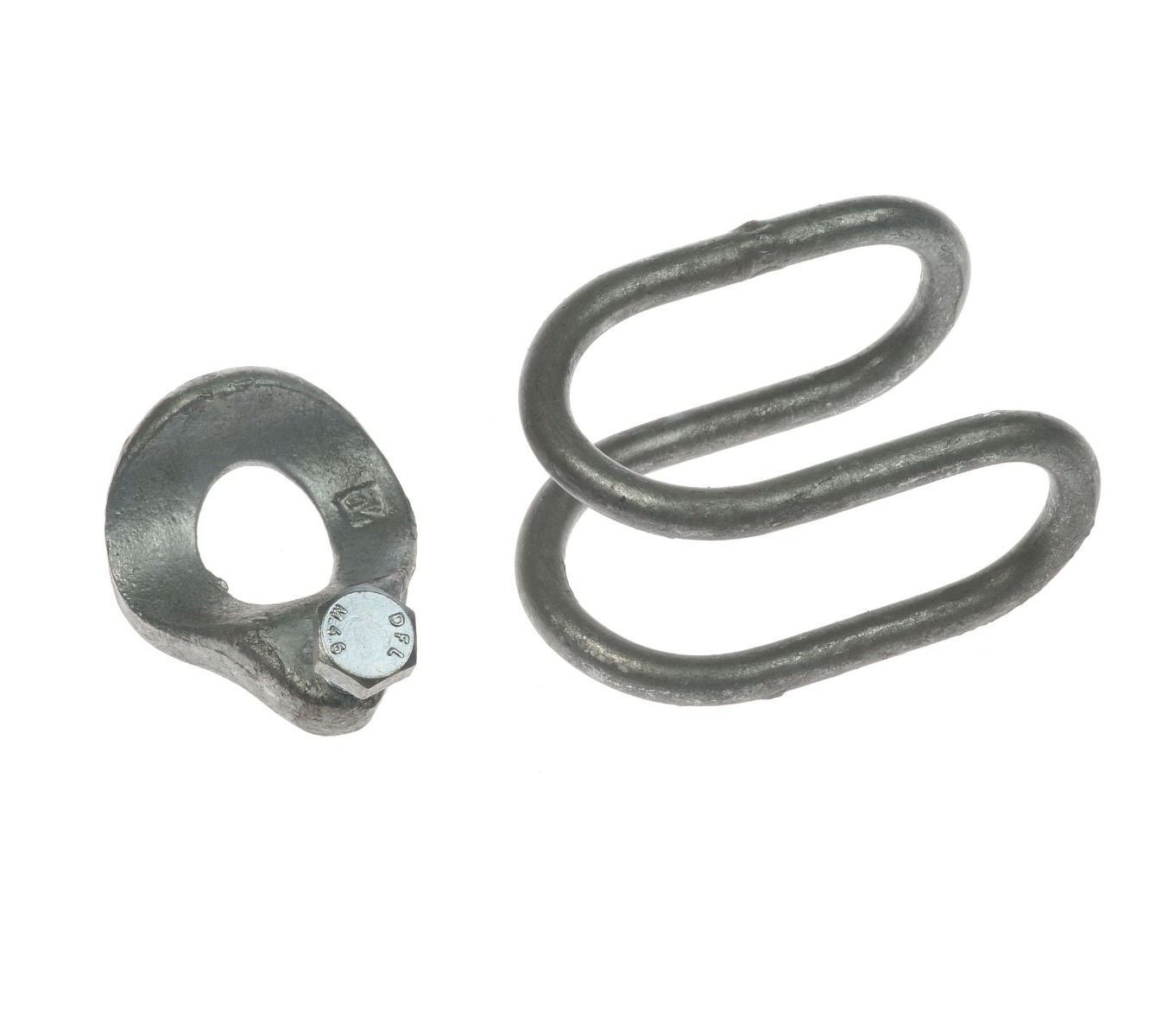 Metal RotaClamp components featuring a hot-dip galvanized saddle with a bolt and a sturdy double-loop wire spring connector.
