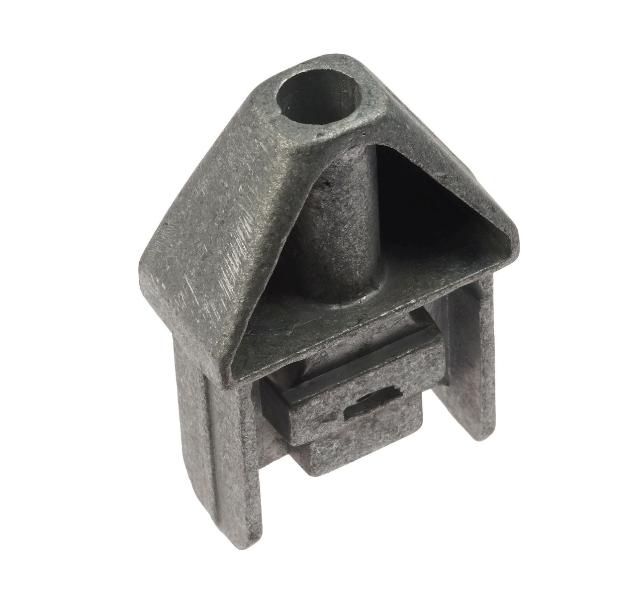 Cast metal safety end connector featuring a triangular top and a rectangular plug for horizontal box section railing tubes.