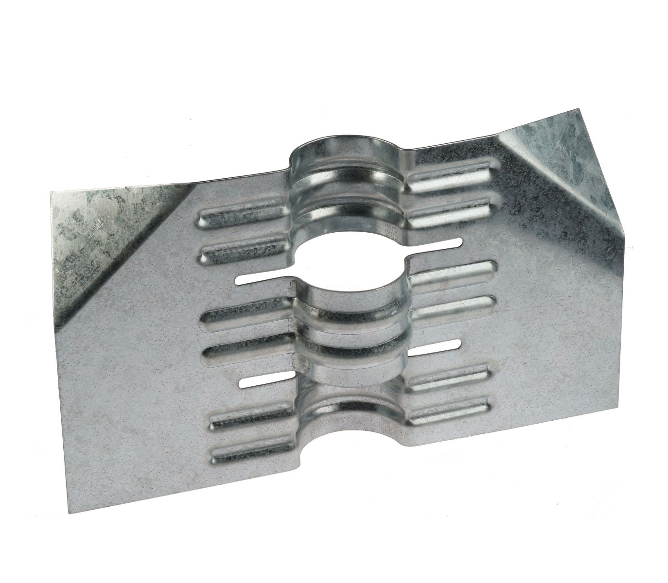 A rectangular Sendzimir galvanised steel mounting plate with horizontal ridges and a central hole for securing fence posts.