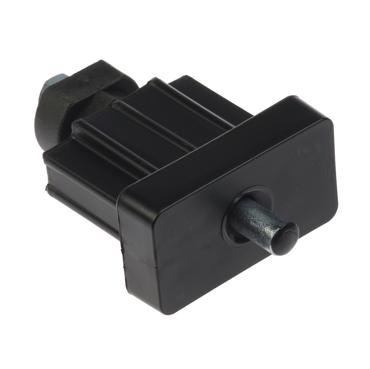 A black rectangular plastic end piece featuring a central metal spring-loaded pin for securing rectangular tube profiles.