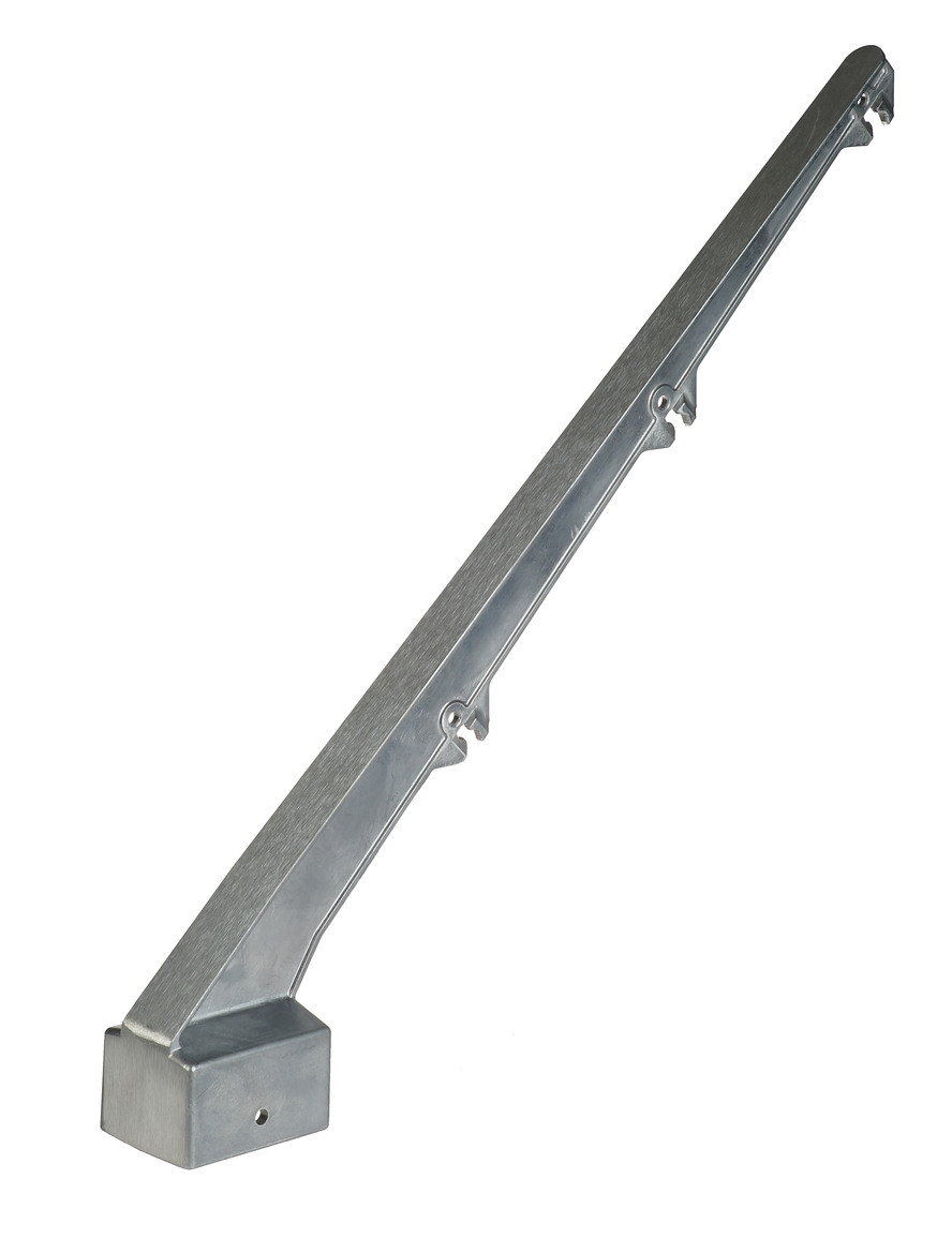 A 45-degree aluminium barbed wire arm featuring three notches for wire attachment and a rectangular box section base.