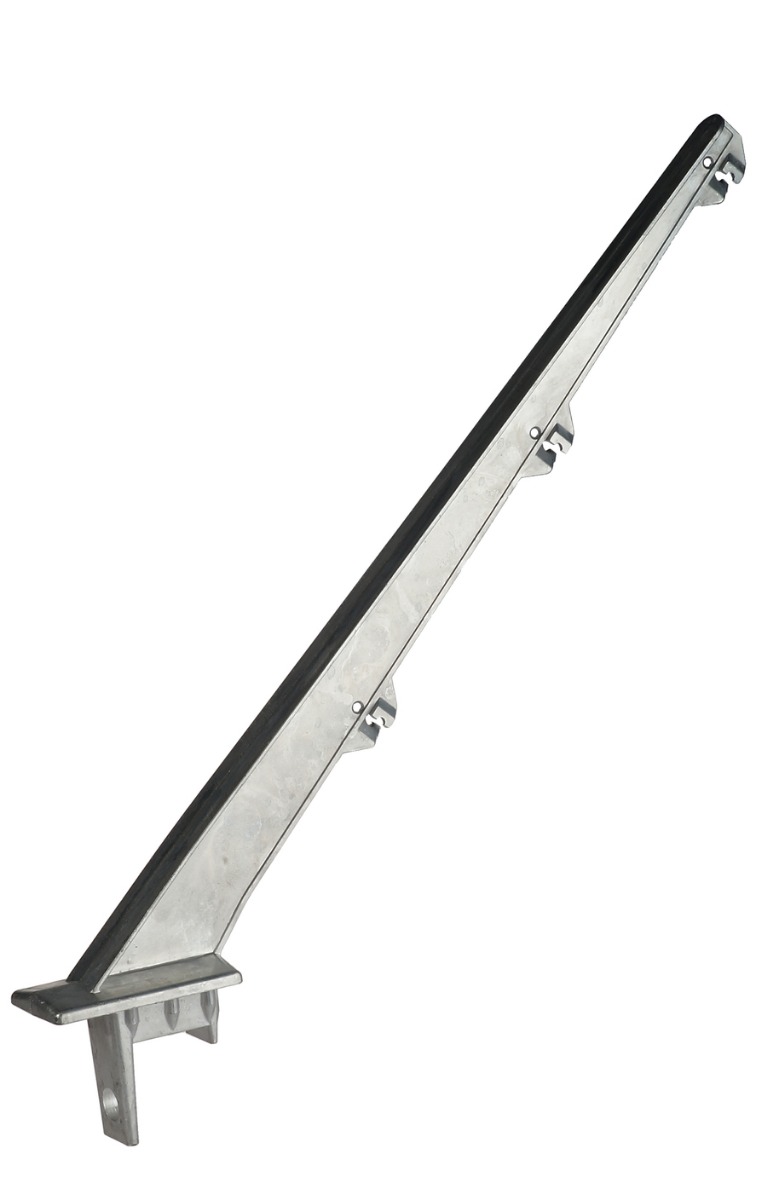 A silver aluminum 45-degree angled barbed wire arm fitting for a 40x60mm rectangular post with three wire slots.
