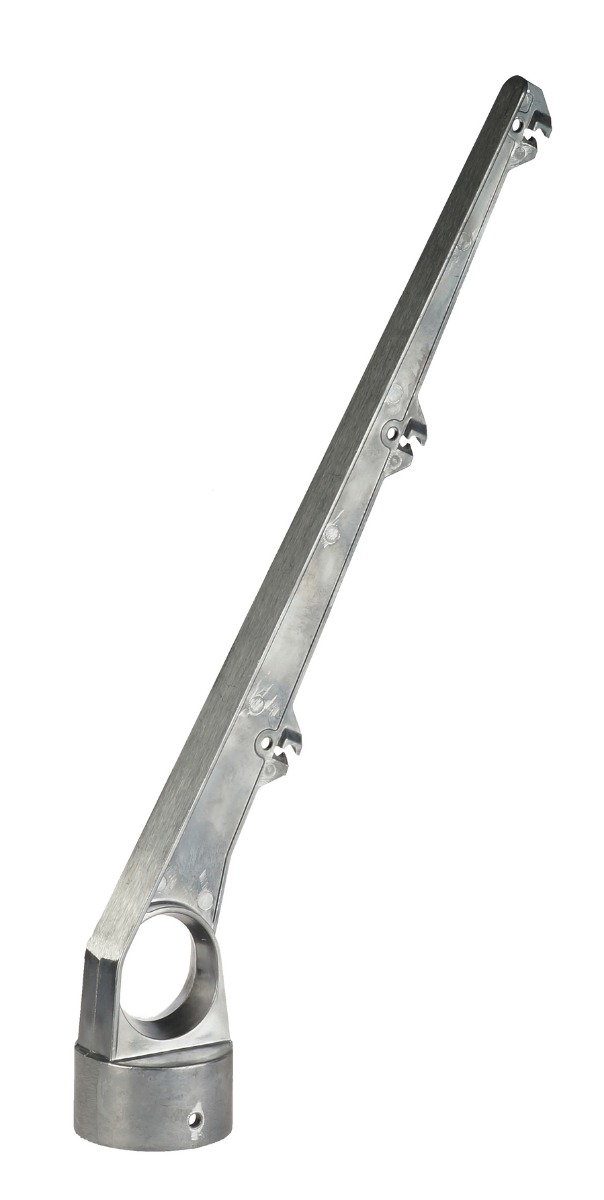 A single aluminum 60-degree barbed wire arm fitting with three wire slots for secure perimeter fencing installations.