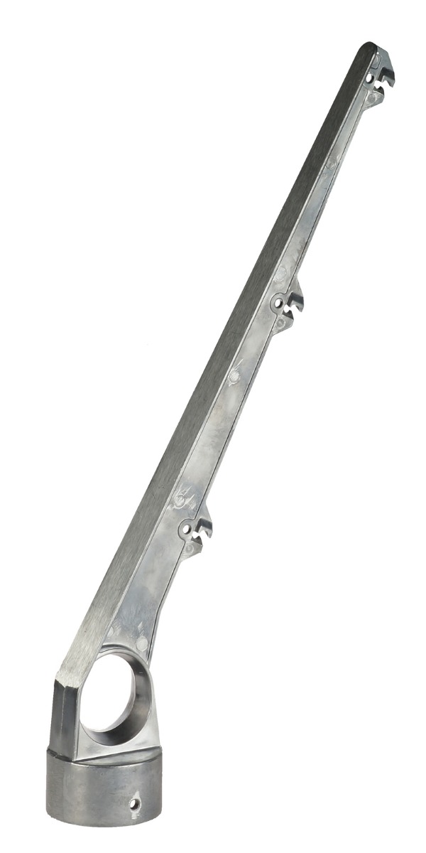 Silver aluminum barbed wire extension arm with a sixty-degree angle and three notches for wire attachment on fencing.