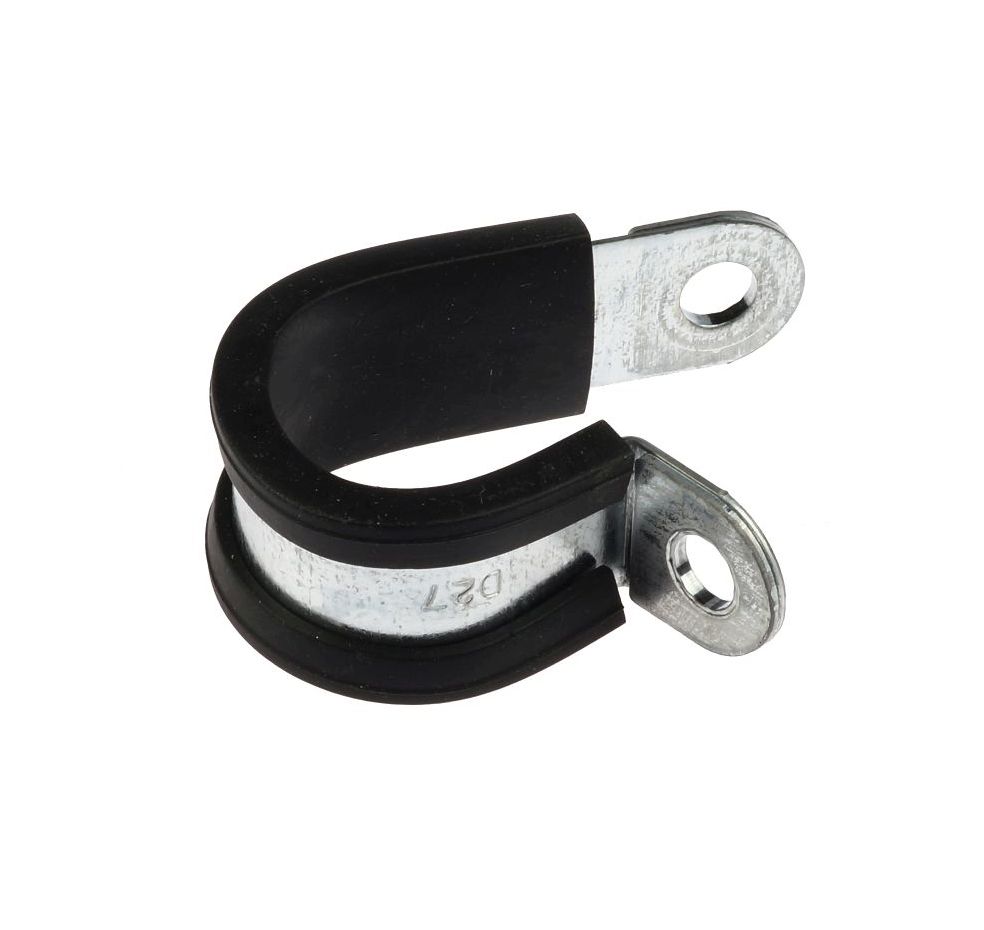 Electrolytically zinc-plated single-point quick pipe clamp with a black rubber lining and two mounting holes for secure industrial pipe support.