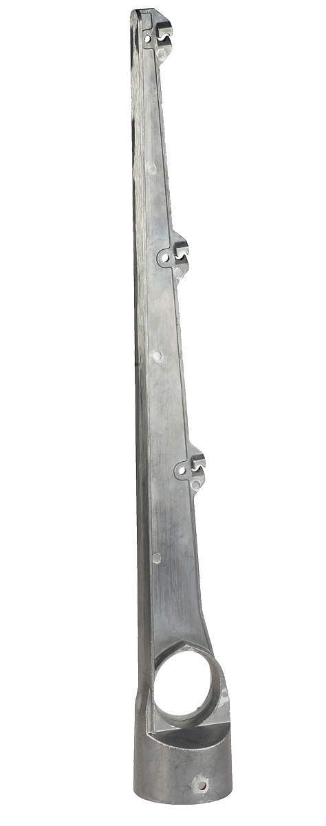 A single straight aluminium barbed wire extension arm with three wire holders designed for mounting on round fence posts.