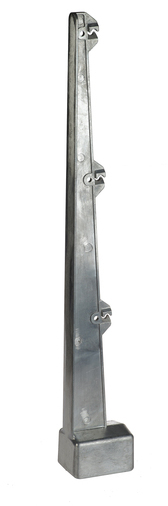 A vertical silver-colored aluminum barbed wire arm with three notches, designed for mounting on a 40x60mm rectangular fence tube.