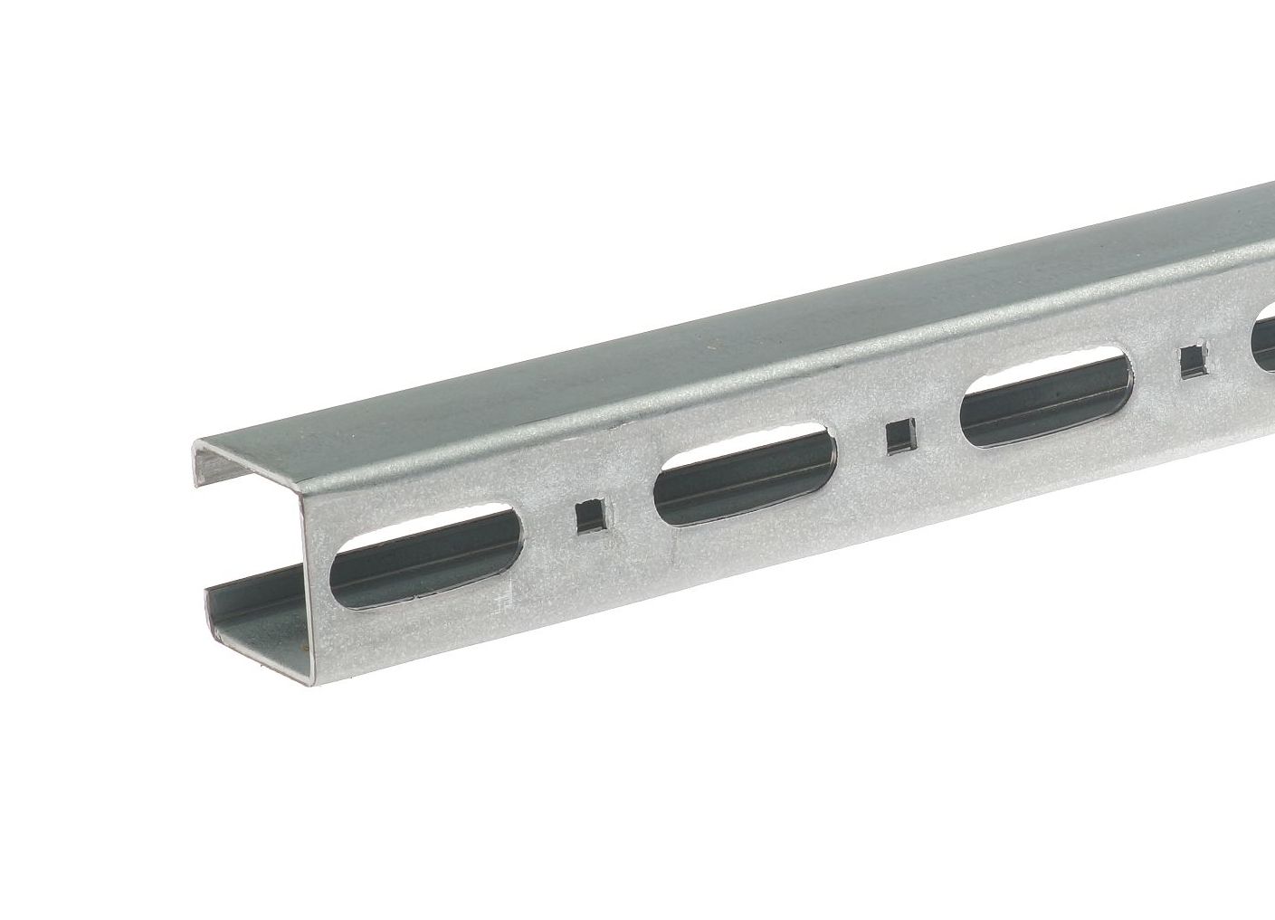 Close-up of a galvanized steel mounting rail with oval-shaped slots and square holes on a plain white background.