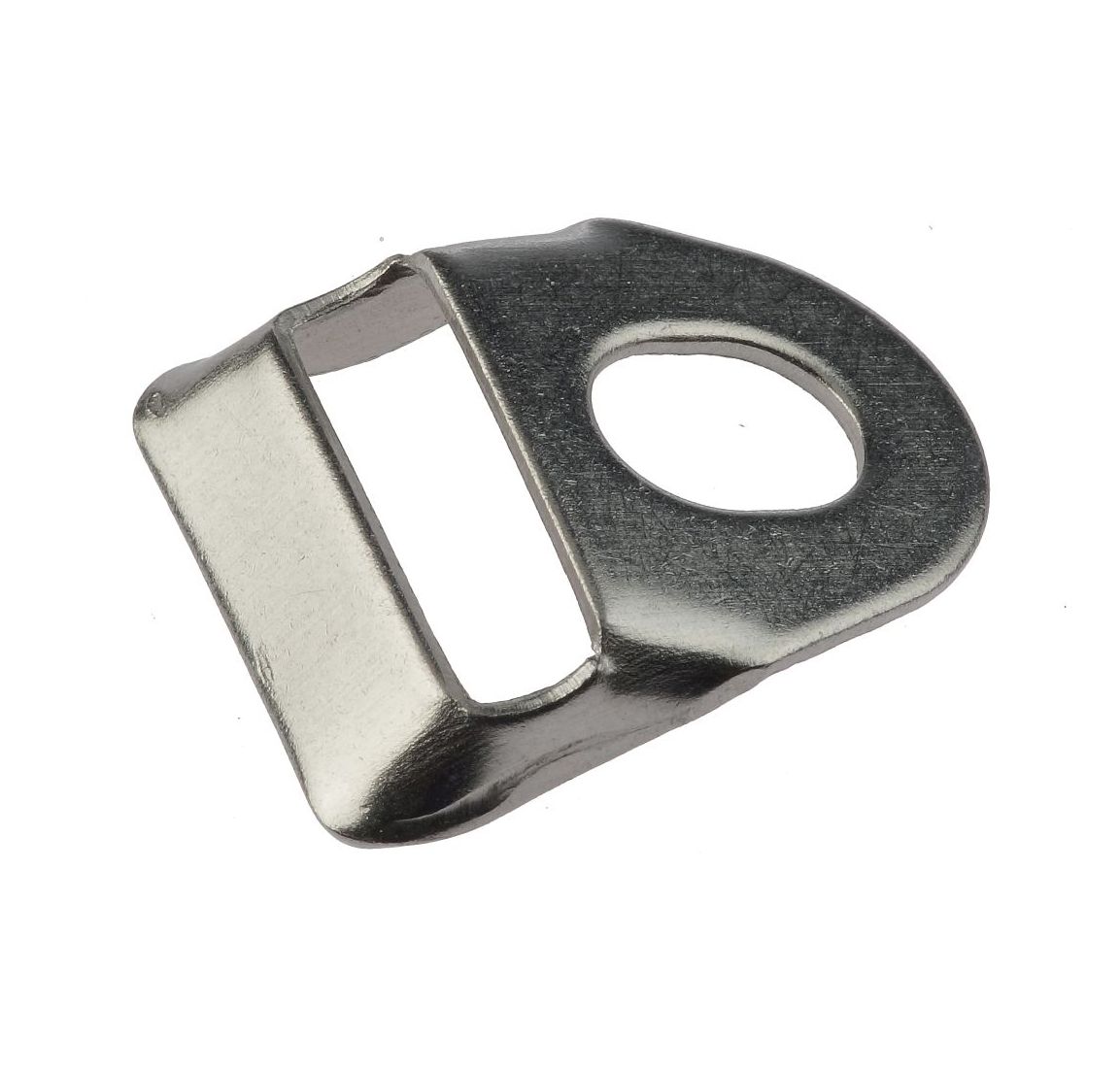 Small stainless steel corner reinforcement bracket with a circular hole and a rectangular slot for mesh panel fencing.