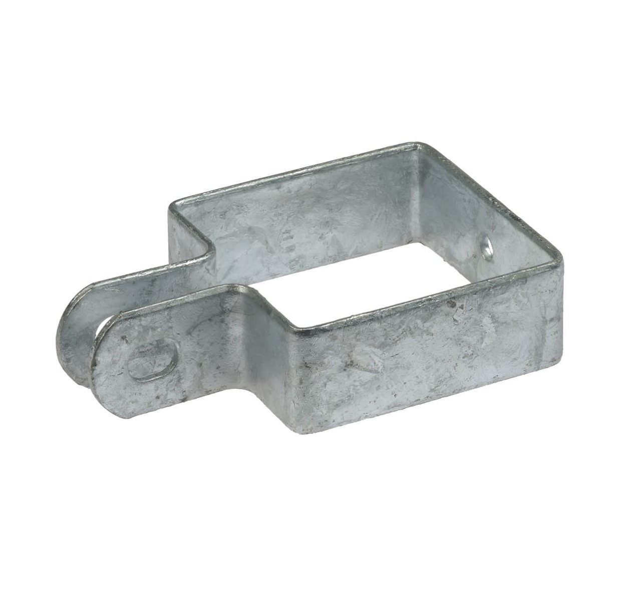 A square-shaped hot dip galvanized steel end bracket designed for securing chain link mesh fencing to square posts.