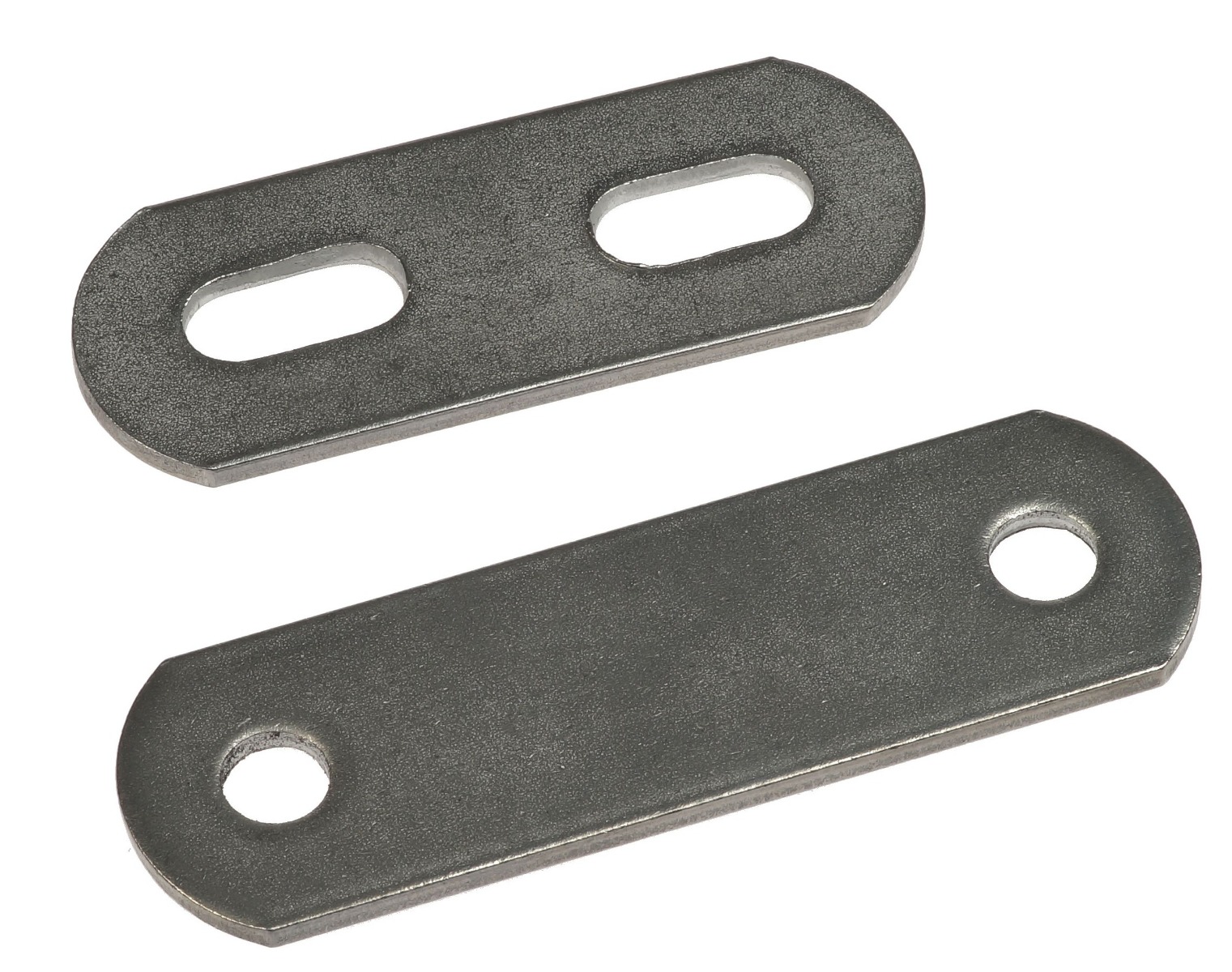 Two flat stainless steel 304 closing plates with rounded ends, showing one with circular holes and one with slotted openings.