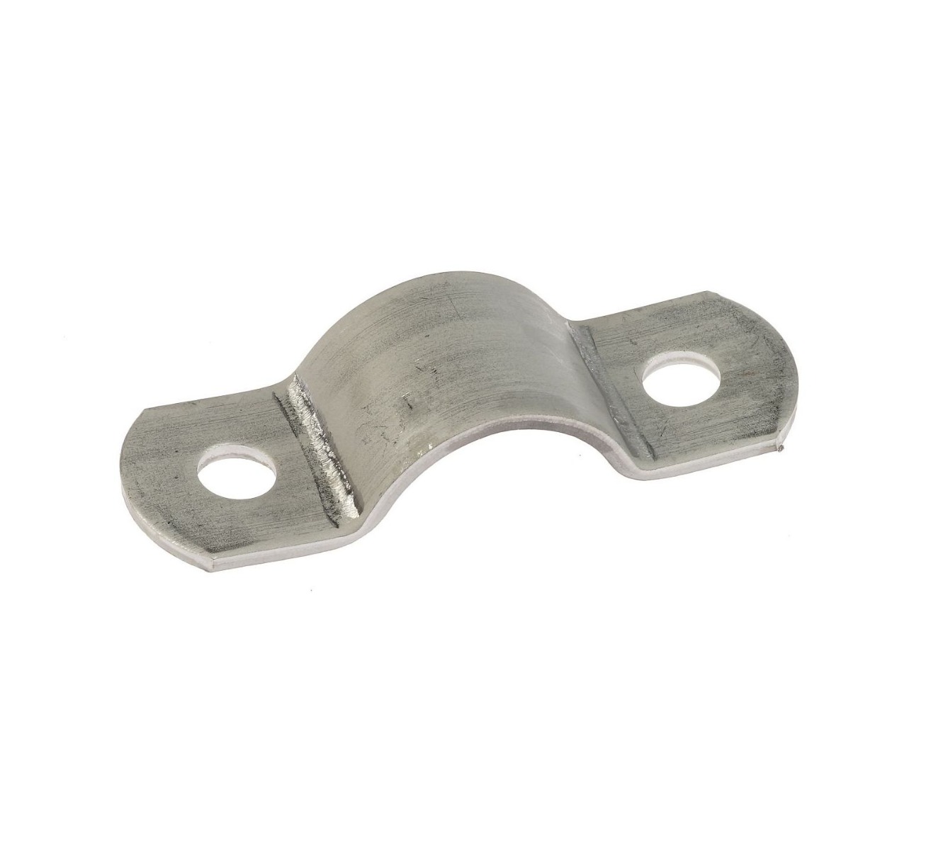 Stainless steel 304 half saddle bracket strip featuring a curved center and two pre-drilled mounting holes for pipes.