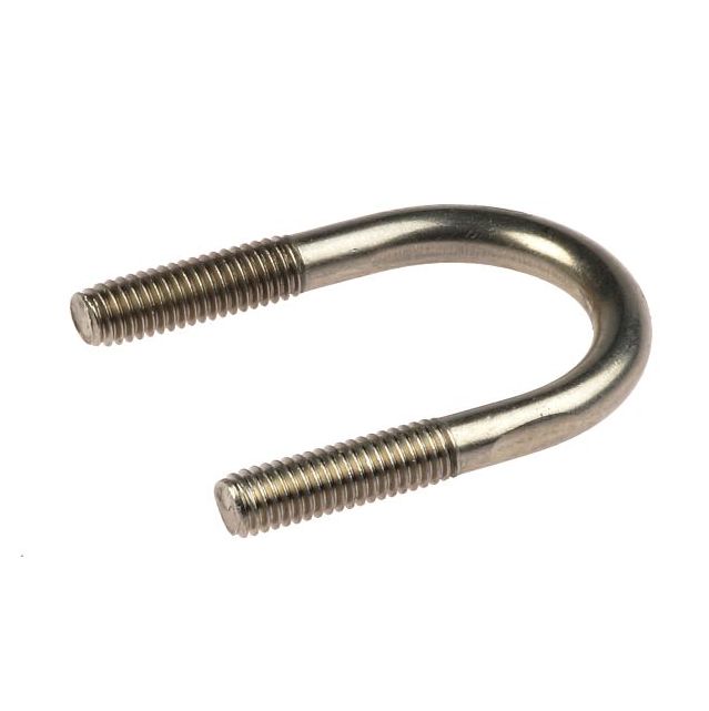 A silver metal M6 U-bolt made of grade 304 stainless steel featuring threaded ends for secure pipe mounting and attachment.