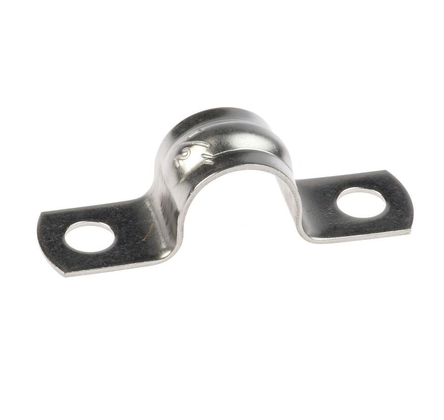 A silver stainless steel two-hole saddle pipe clip designed for securely mounting 20mm pipes against flat surfaces.