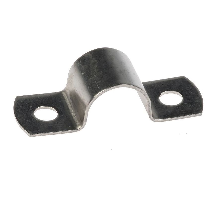 A silver stainless steel saddle pipe clip with a central U-shaped bend and two flat mounting holes on either side.