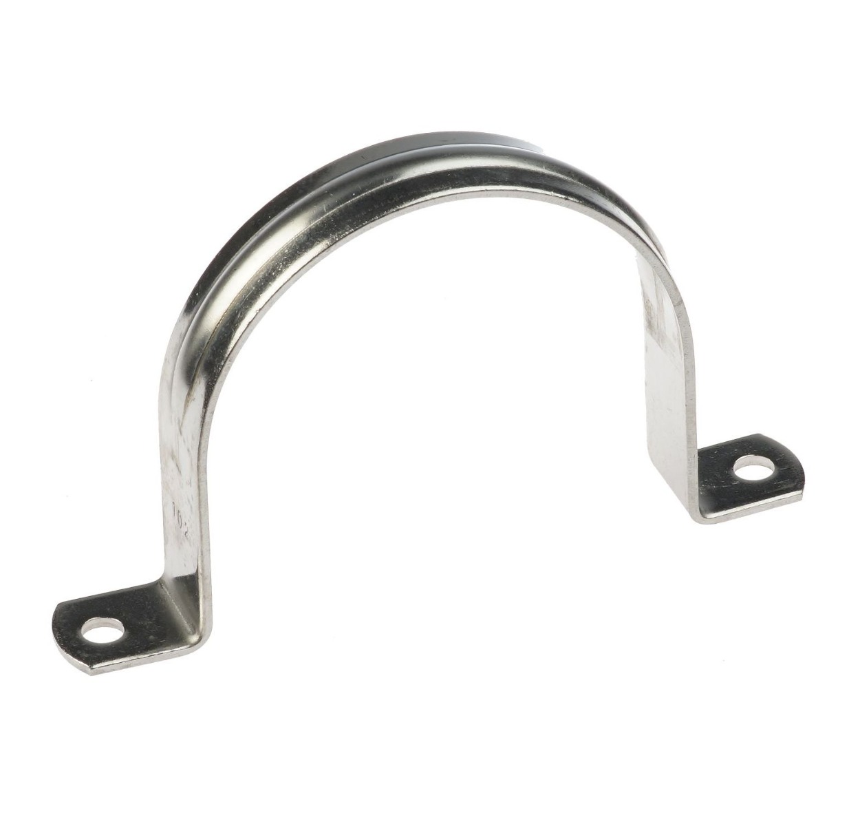 A durable stainless steel 304 U-shaped saddle pipe clip with two pre-drilled mounting holes for securing pipes or cables.