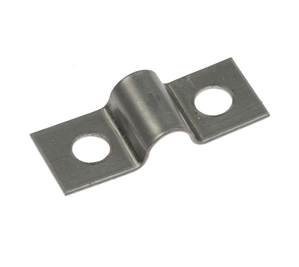A small stainless steel saddle pipe clip with two holes for screws, designed for securing pipes and tubes firmly.