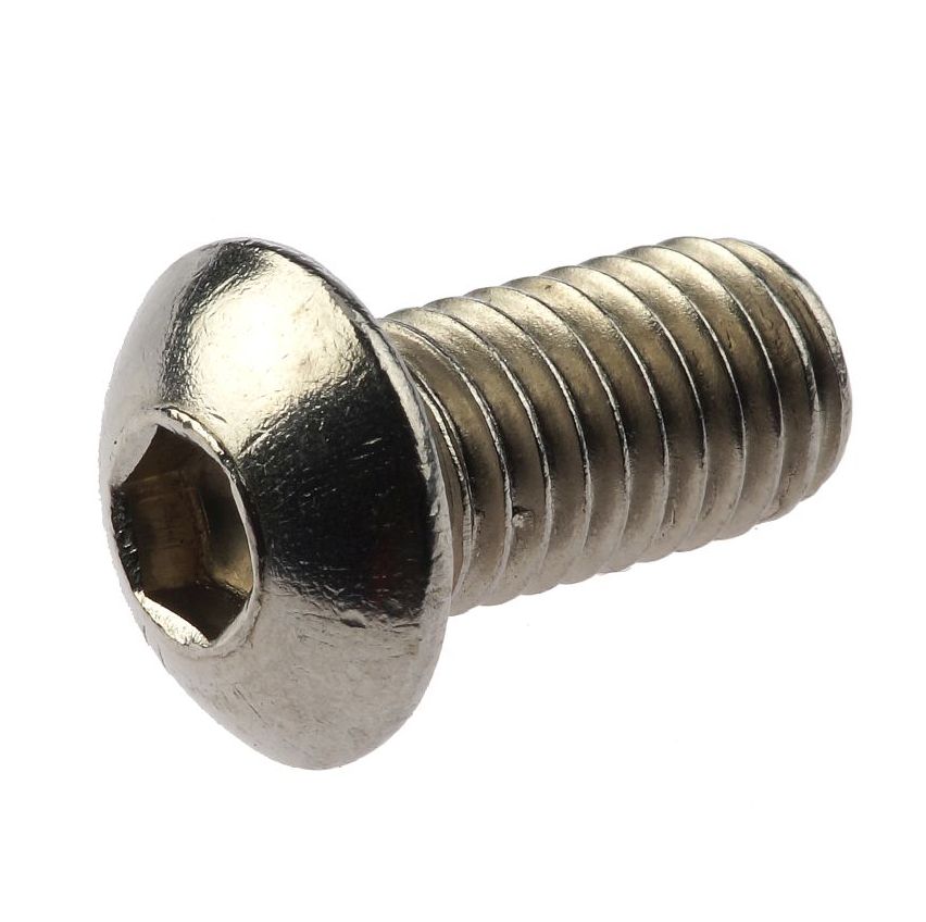 Close-up of a stainless steel button head socket cap screw with a hexagonal drive and threaded metal shank.