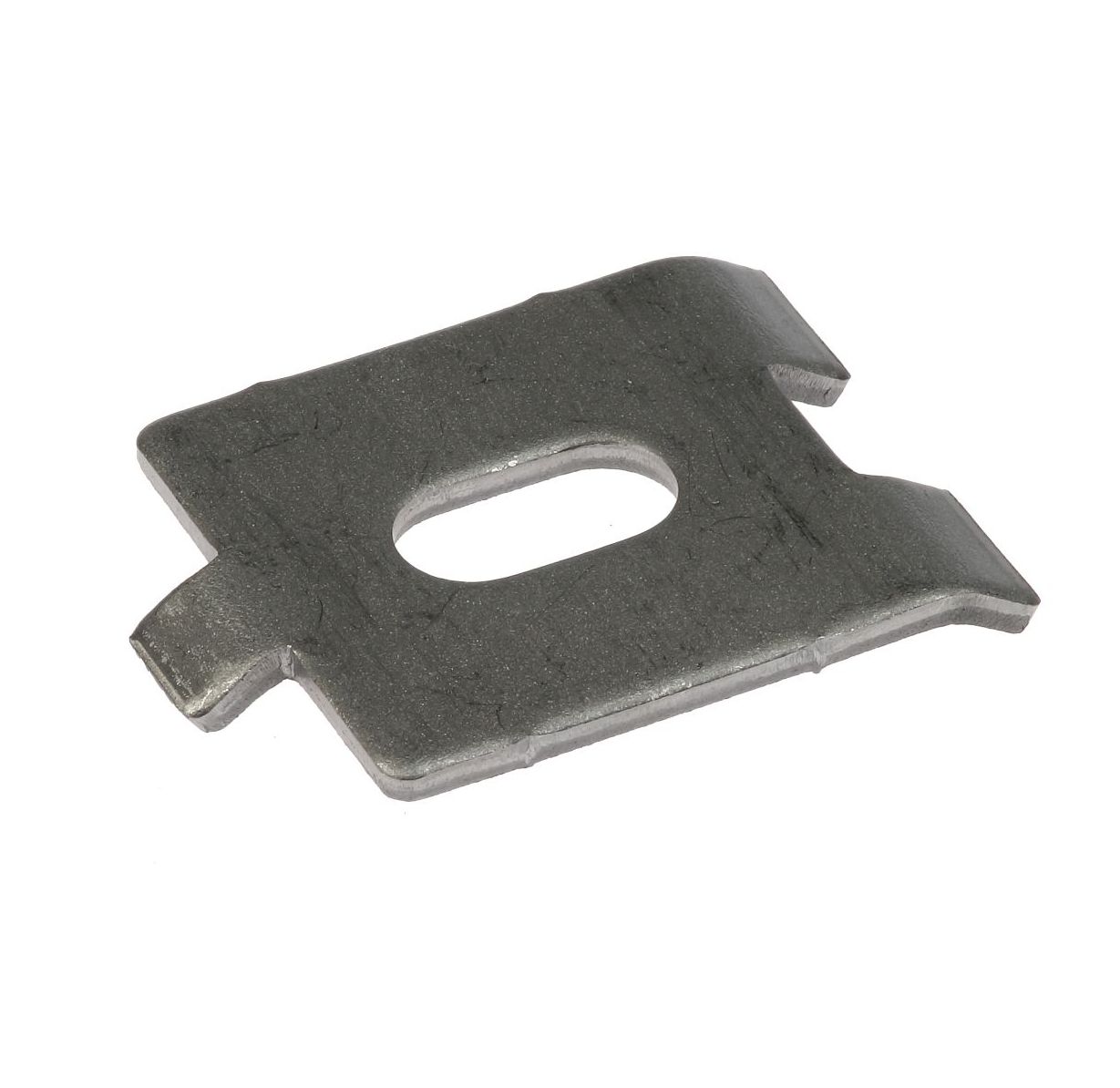 A flat stainless steel corner connector with an oval center hole designed for securing mesh panel fence sections together.
