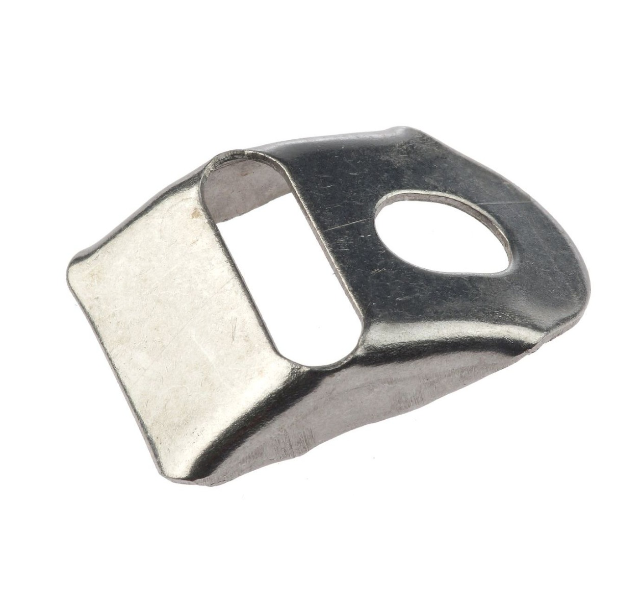 Small curved stainless steel corner reinforcement piece for mesh panel fencing with a rectangular opening and a circular screw hole.
