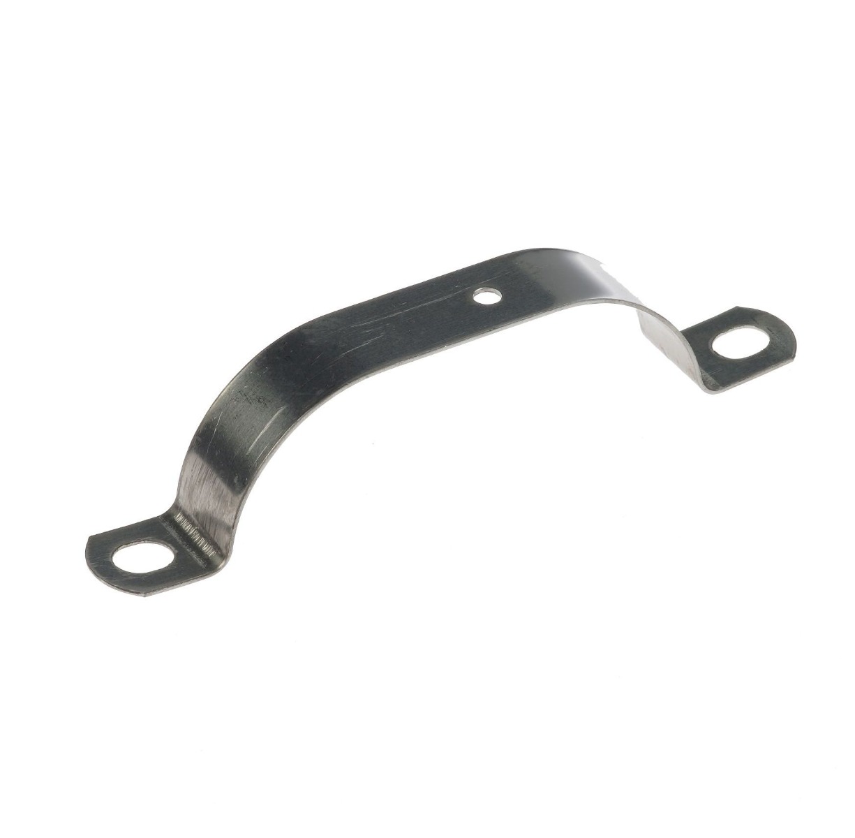 A stainless steel end strap connector with a curved bridge design and three mounting holes for securing pipes or tubes.
