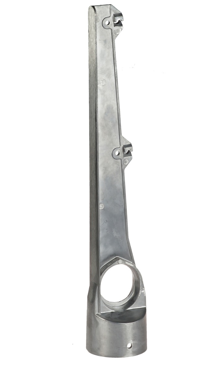 A straight silver aluminium barbed wire arm designed for 60mm posts with slots for attaching two strands of wire.