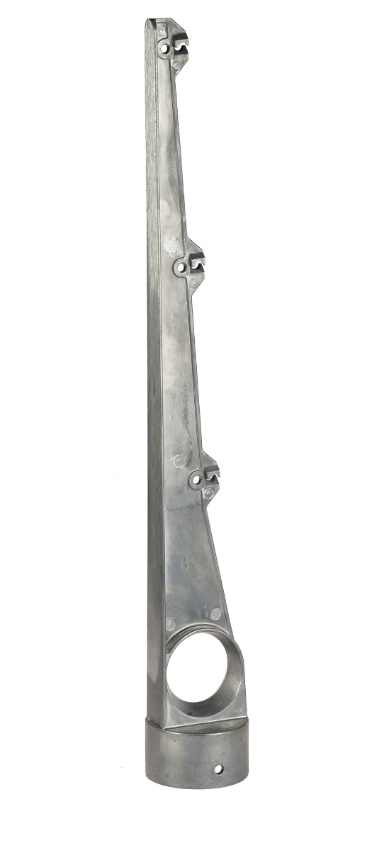 Vertical aluminium barbed wire arm with three wire slots, designed for round fence posts measuring 48 to 60mm.