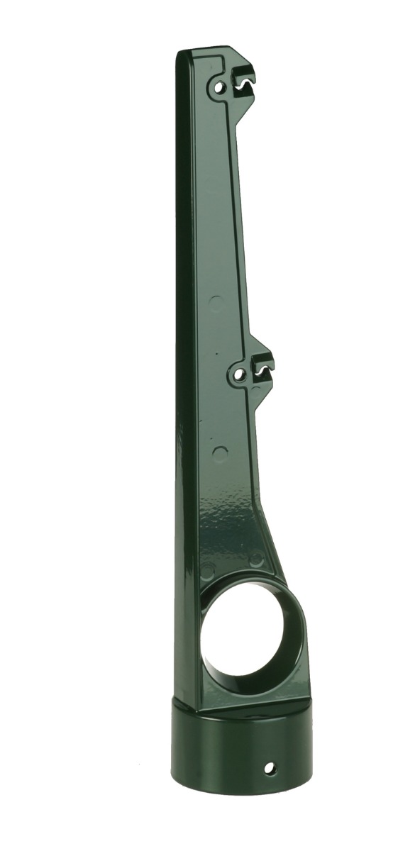 A straight dark green aluminum barbed wire holder with two attachment points, designed for mounting onto a fence post.