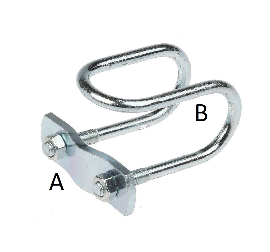 A silver-colored zinc-plated wire clamp assembly featuring a U-shaped loop and a flat plate secured by nuts.