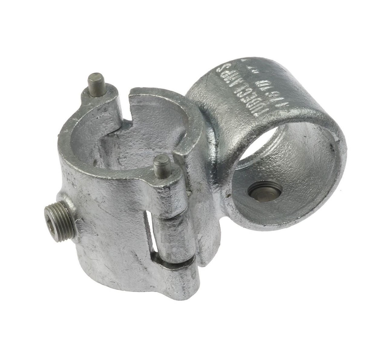 A hot-dip galvanised cast iron 90-degree cross clamp by Tubeclamps for secure perpendicular pipe connections in construction projects.