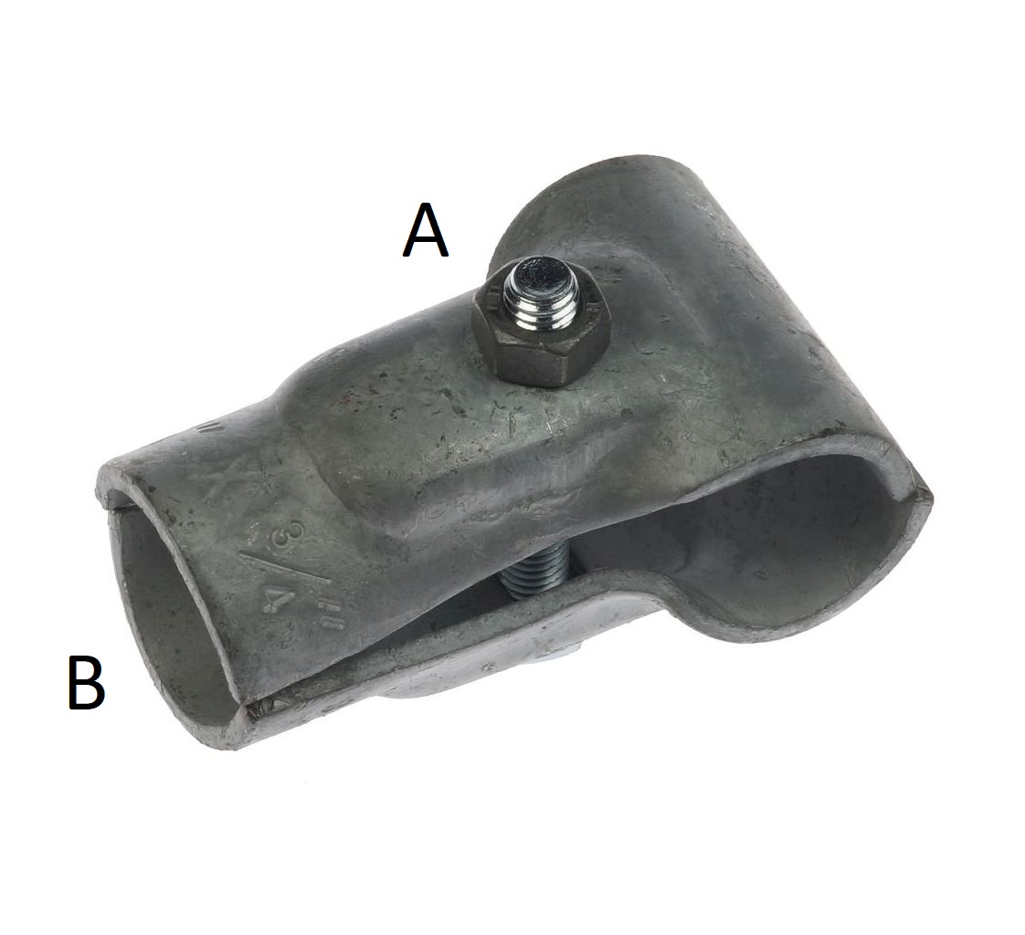 A two-part hot-dip galvanised metal T-clamp with a bolt and nut, designed to connect pipes securely.