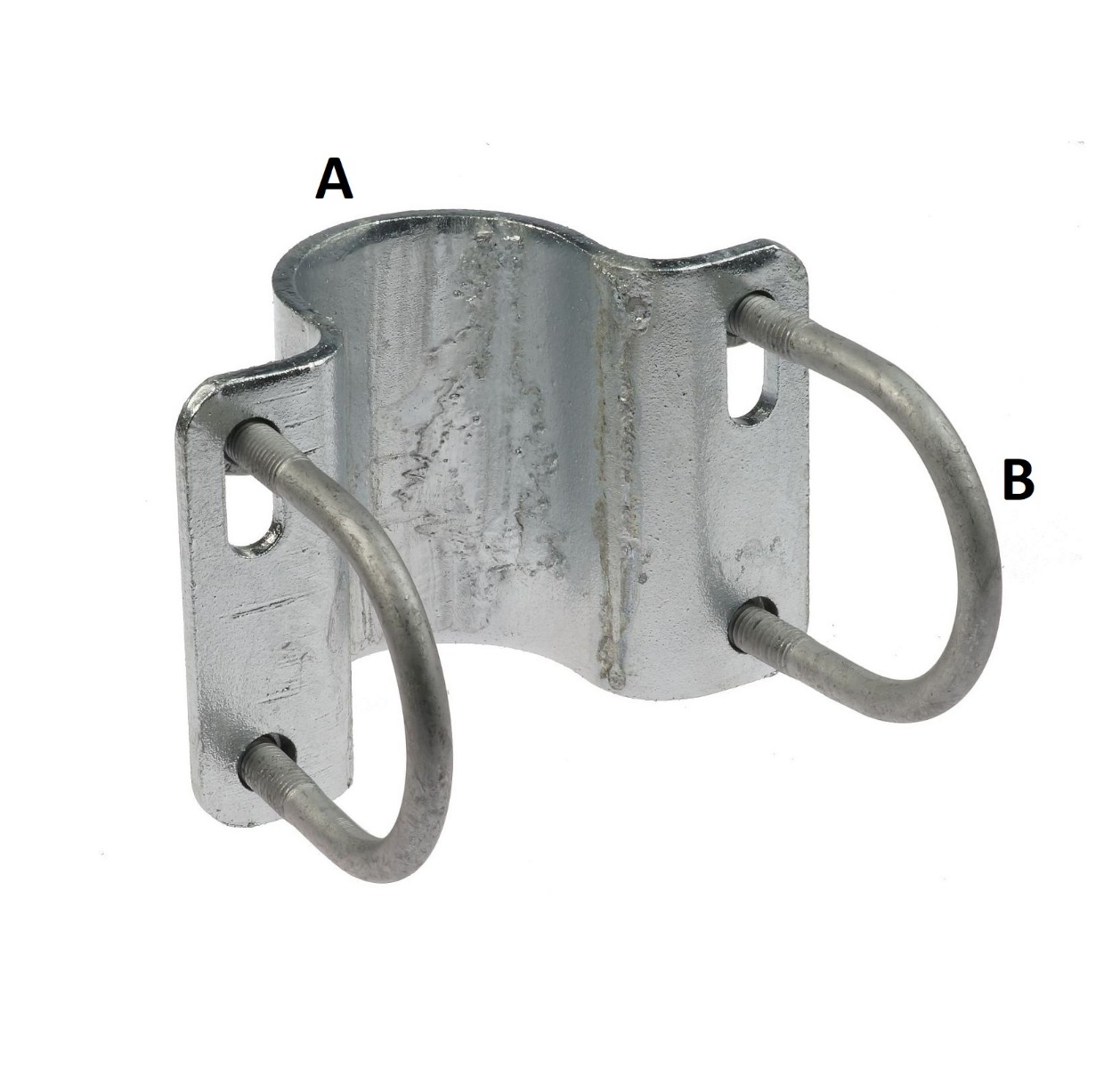 A durable 100mm hot-dip galvanised steel U-bolt clamp with two threaded bolts, ideal for industrial pipe mounting and support.