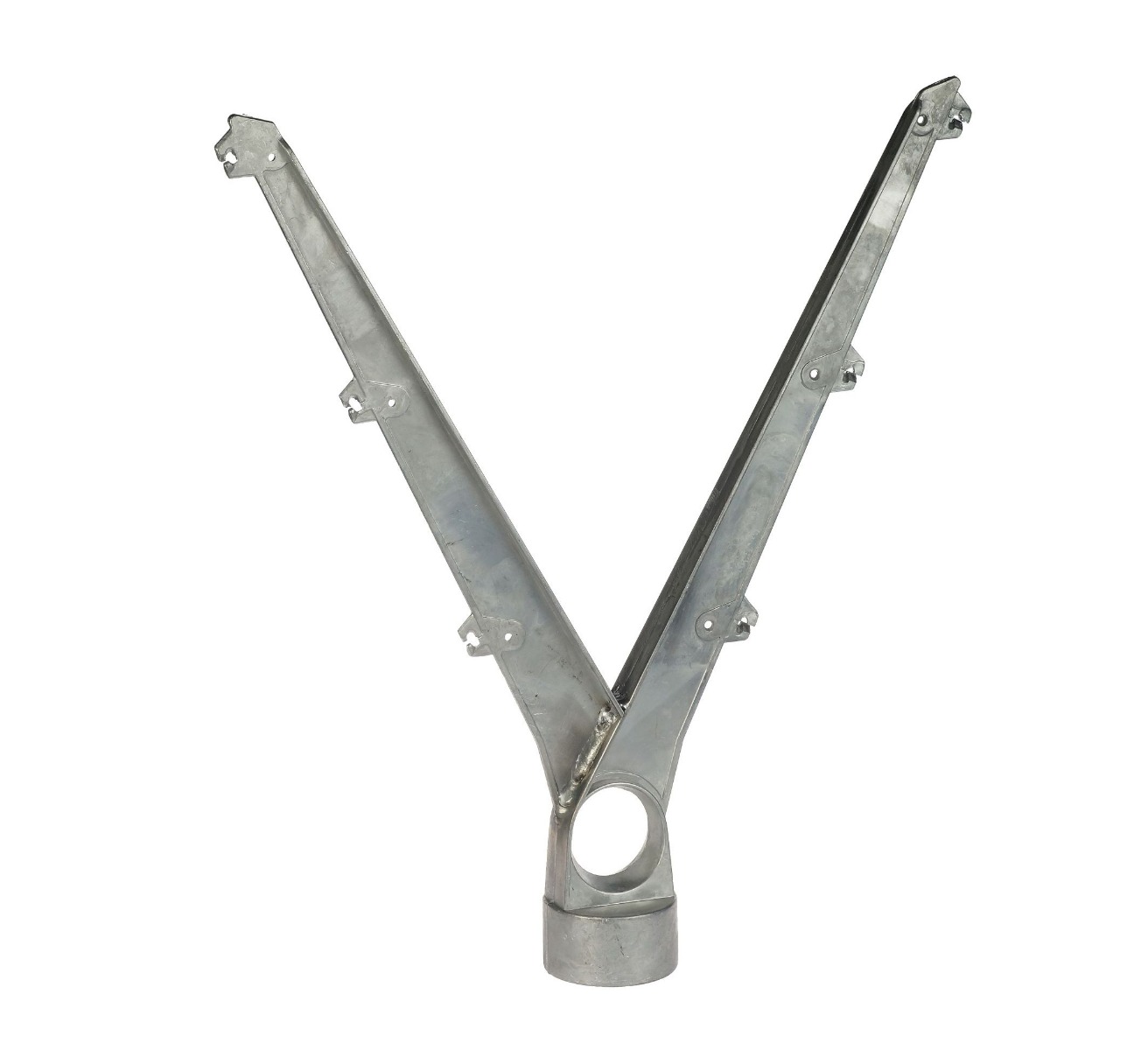 A Y-shaped aluminum barbed wire arm featuring notches for wire attachment and a circular base for 60mm tube mounting.