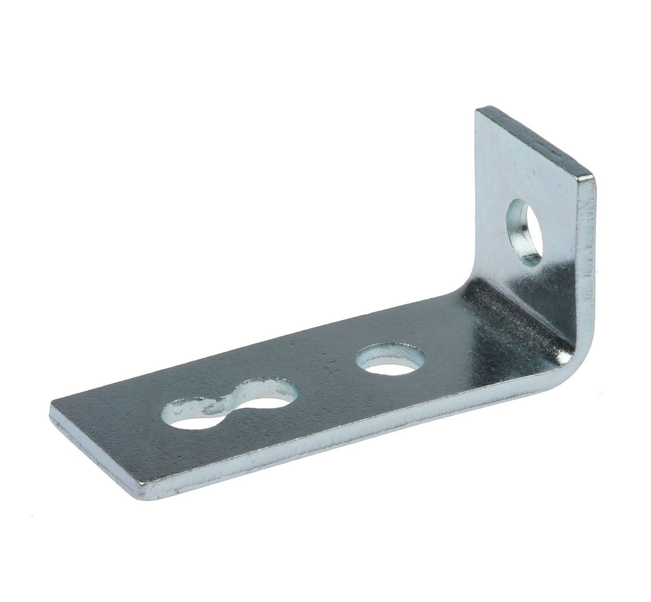 An L-shaped metal bracket with a zinc-plated finish, featuring three pre-drilled holes for secure mounting and structural support.