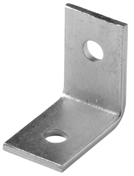 A silver zinc-plated L-shaped metal angle bracket with two pre-drilled holes for mounting and structural support in various applications.