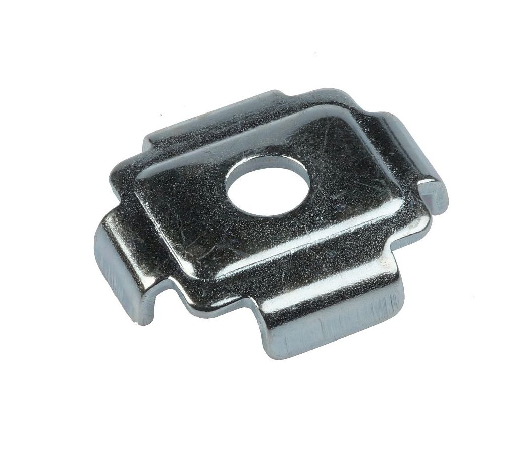 High-quality zinc-plated silver combi profile holder featuring a central circular hole and four sturdy bent-down edge tabs for support.