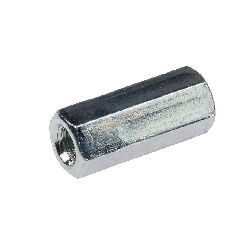 A single zinc-plated hexagonal connection nut with internal threading, positioned diagonally on a plain white background.