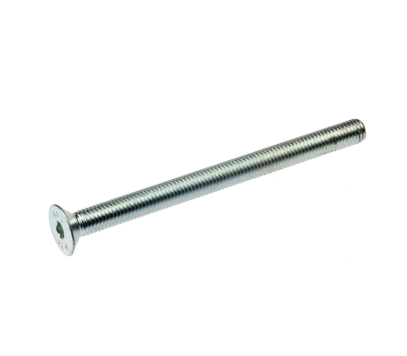 A long zinc-plated metal screw featuring a flat countersunk head with a hexagonal socket drive and a fully threaded shaft.