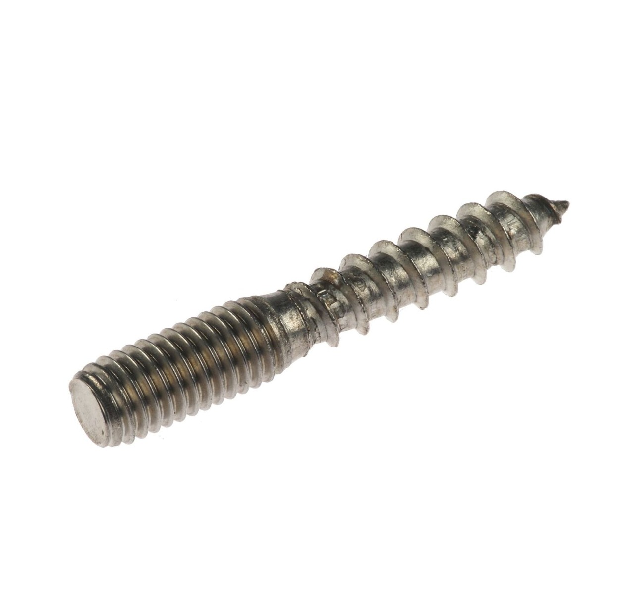 A zinc-plated hanger bolt with lag screw wood threads and machine bolt threads for wood-to-metal connections.