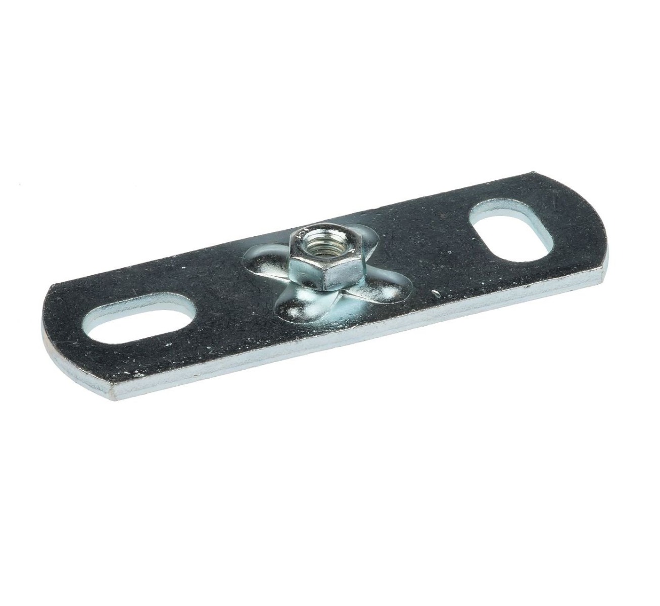 Zinc-plated rectangular metal wall plate with two elongated mounting slots and a central threaded nut for secure attachment.