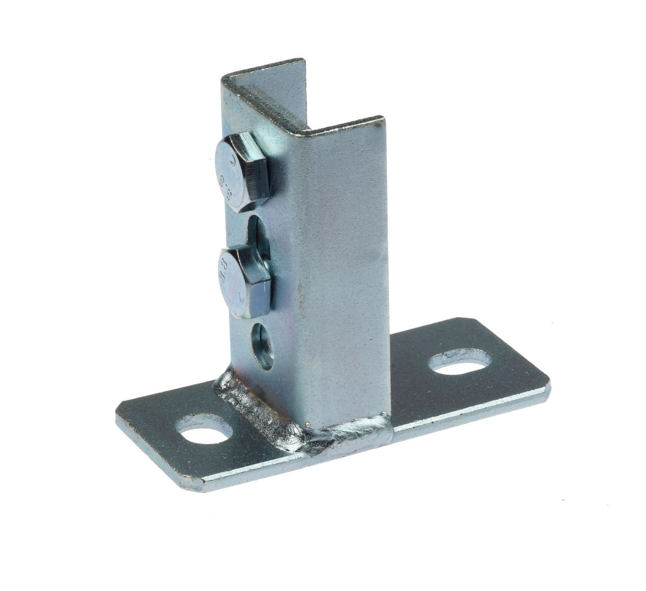 A zinc-plated metal saddle flange with a rectangular base and a vertical U-channel secured by two hex bolts.