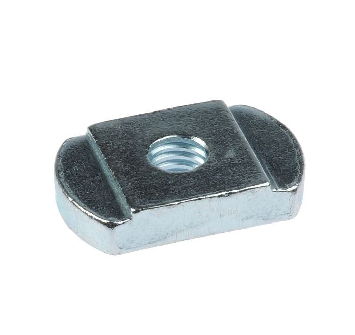 A small rectangular zinc-plated slide nut with a central threaded hole and rounded ends for profile rail attachment.