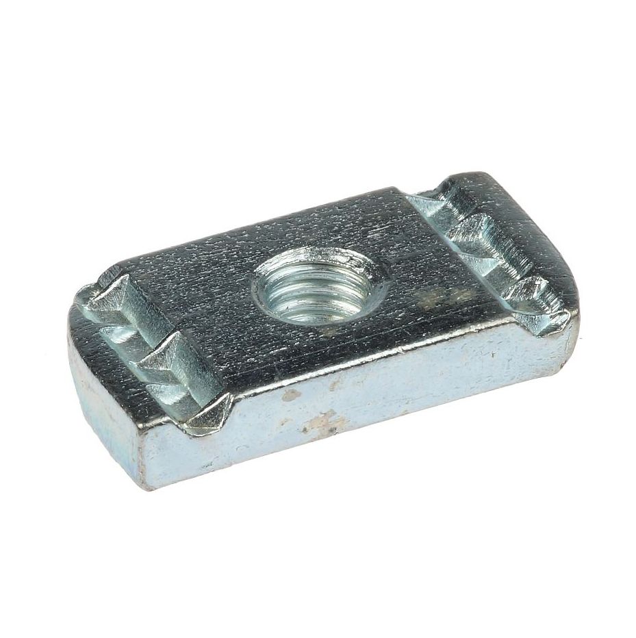 A rectangular zinc-plated slide nut with a threaded center hole and serrated edges for secure strut channel attachment.