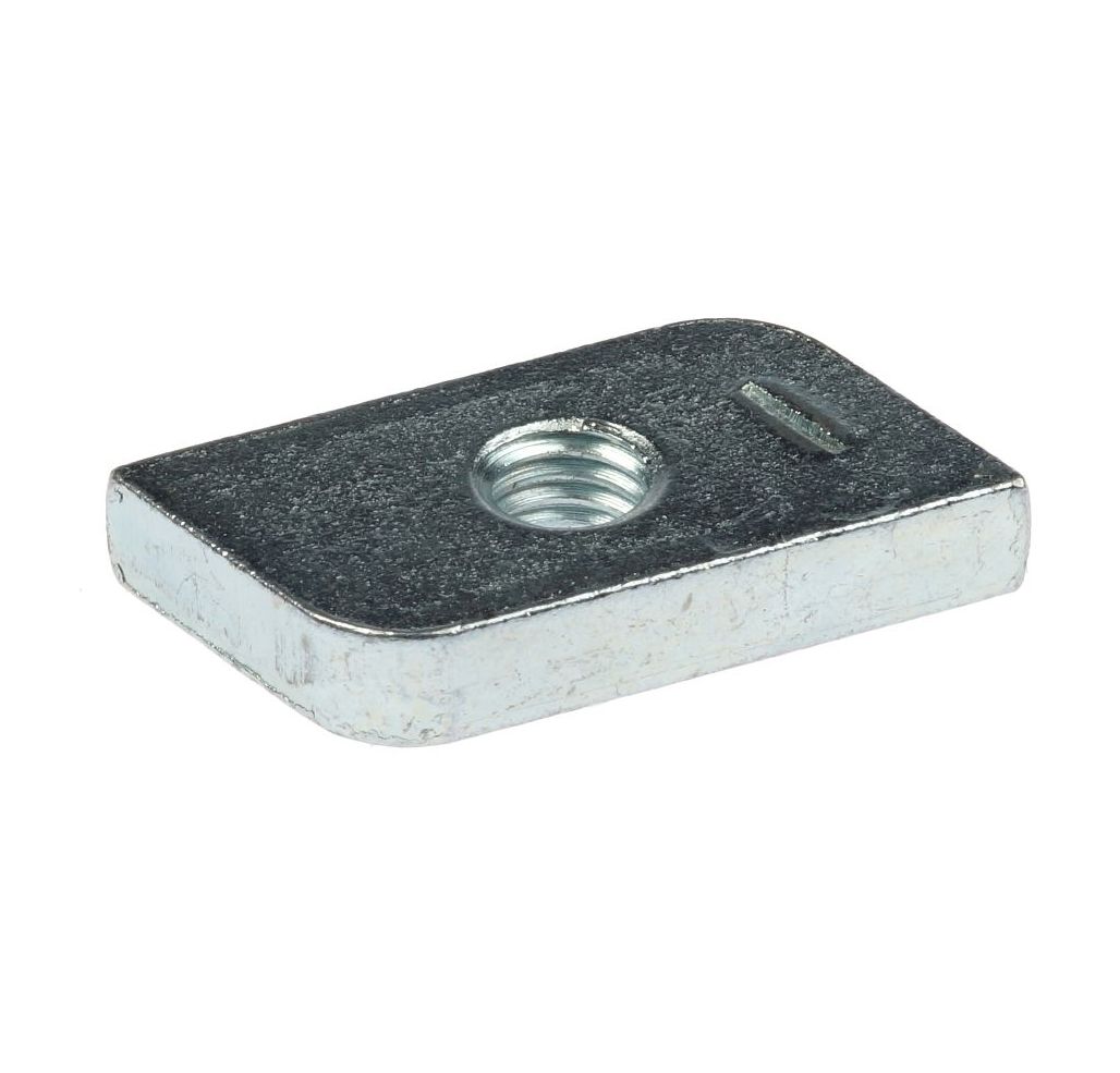 A rectangular zinc-plated metal sliding nut with a central threaded hole, designed for secure fastening in strut channel systems.