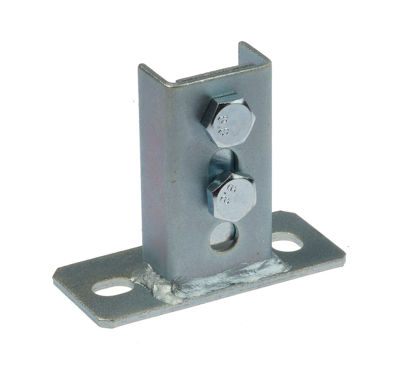 A square-shaped zinc-plated steel saddle flange with two hexagonal bolts and a flat mounting base for secure support.